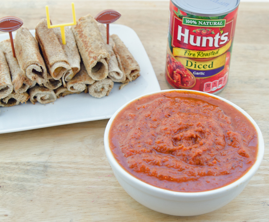 Fire Roasted Tomato and Red Pepper Dip with Toasted Cheese Rollups