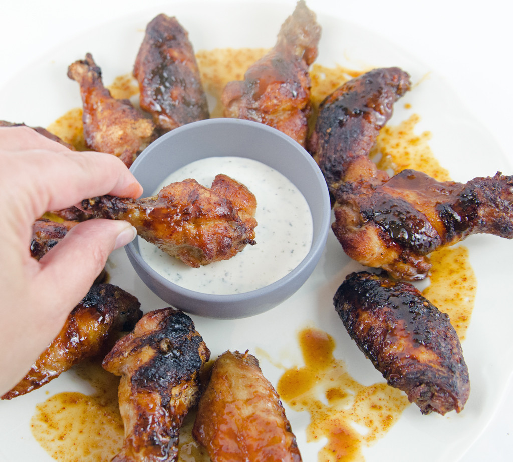 Healthy-ish Spicy Schezwan Chicken Wings with Ginger Ranch Dipping Sauce