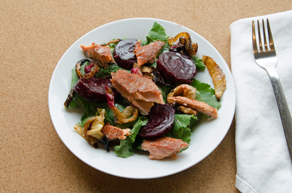 Spiced Salmon, Roasted Beet and Leek Salad