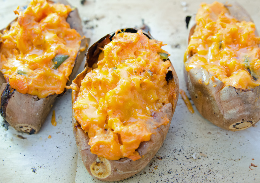 Twice-Baked Sweet Potatoes with Cheddar and Jalapeños